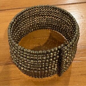 Vintage Wide Beaded Cuff Bracelet – Silver/Gold Tone Glass Seed Beads